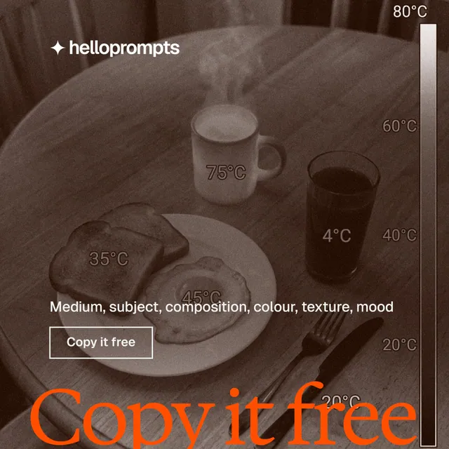 Instagram post for HelloPrompts: "Copy it free." Editorial style, oversized layout, dark palette in orange, brown, grey.