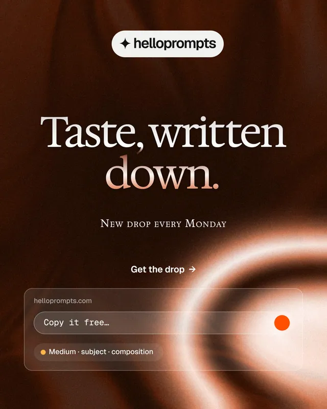 Instagram portrait post for HelloPrompts: "Taste, written down." Y2K style, smallcaps layout, dark palette in orange, black.
