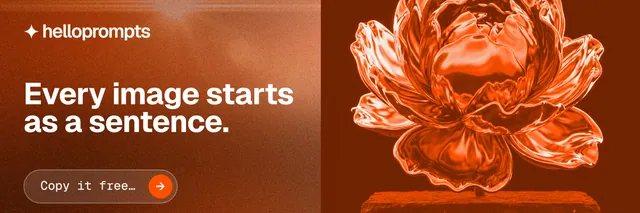X header for HelloPrompts: "Every image starts as a sentence." Agentic glass style, bottom layout, dark palette in orange, brown.