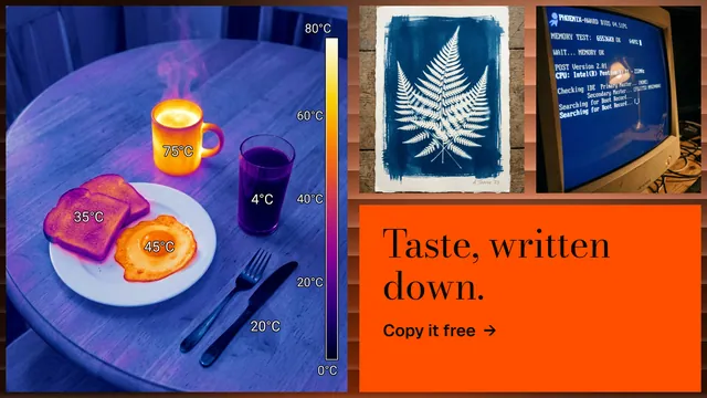 Landscape graphic for HelloPrompts: "Taste, written down." Minimal luxury style, collage layout, dark palette in red, blue, grey.
