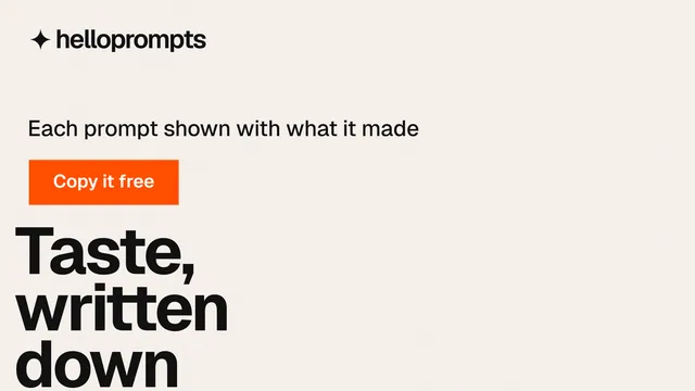 Landscape graphic for HelloPrompts: "Every image starts as a sentence." Swiss style, oversized layout, light palette in white, orange.