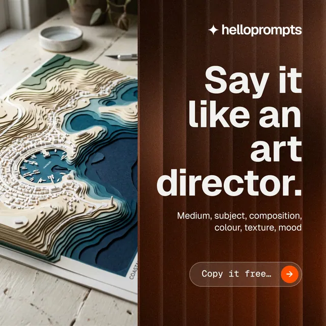 Instagram post for HelloPrompts: "Say it like an art director." Agentic glass style, right layout, dark palette in orange, black, grey.