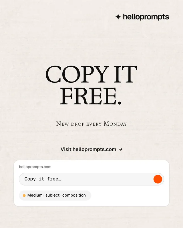 Instagram portrait post for HelloPrompts: "Copy it free." Swiss style, smallcaps layout, light palette in white, grey.