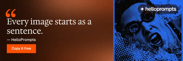 X header for HelloPrompts: "Prompts that show their work." Swiss style, quote layout, dark palette in orange, black, blue.