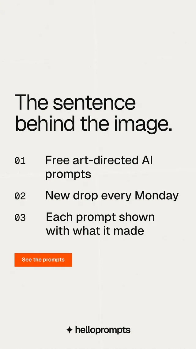 Instagram story for HelloPrompts: "The sentence behind the image." Swiss style, numbered layout, light palette in white, grey.