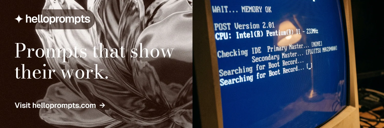 X header for HelloPrompts: "Prompts that show their work." Minimal luxury style, bottom layout, dark palette in black, blue, grey.