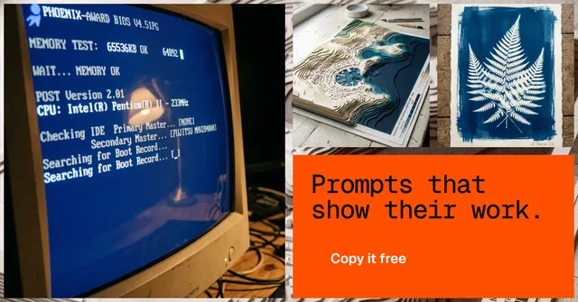 Social ad for HelloPrompts: "Prompts that show their work." Swiss style, collage layout, dark palette in blue, orange, grey.