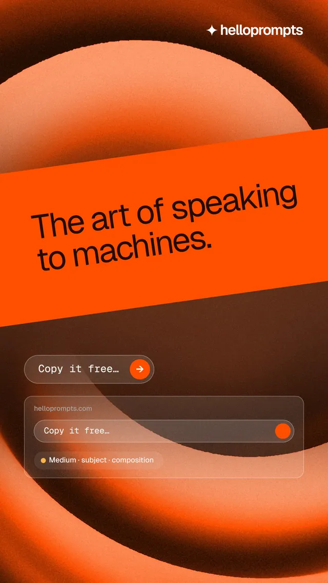 Instagram story for HelloPrompts: "The art of speaking to machines." Agentic glass style, diagonal layout, dark palette in orange.