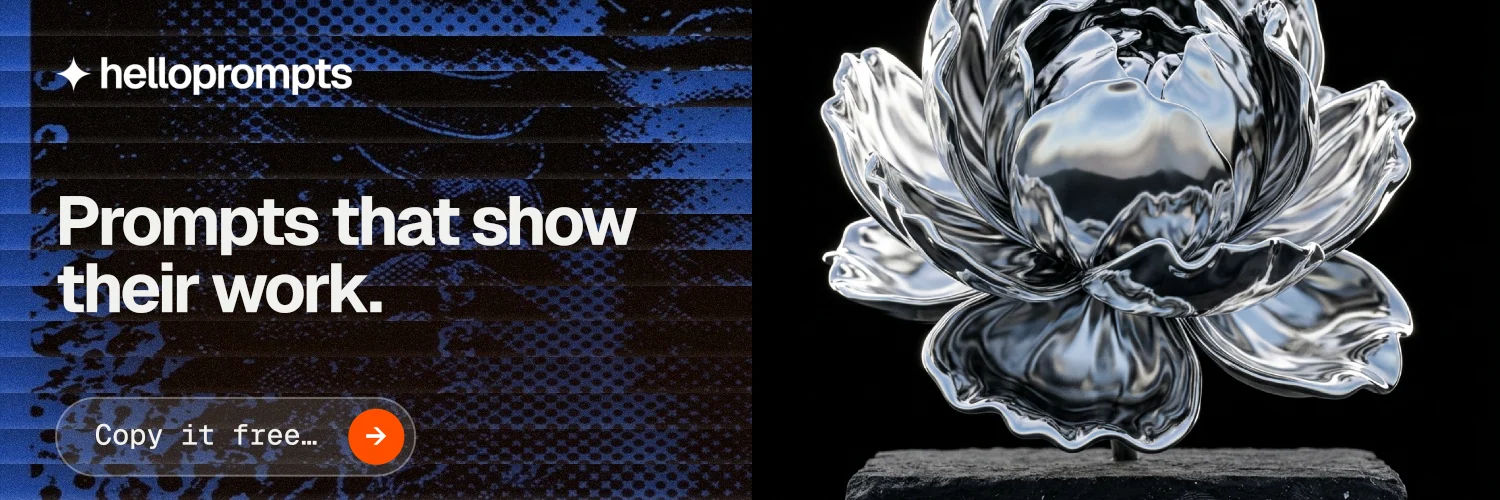 X header for HelloPrompts: "Prompts that show their work." Agentic glass style, bottom layout, dark palette in black, blue, grey.