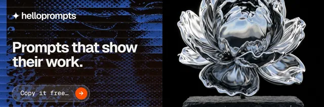 X header for HelloPrompts: "Prompts that show their work." Agentic glass style, bottom layout, dark palette in black, blue, grey.