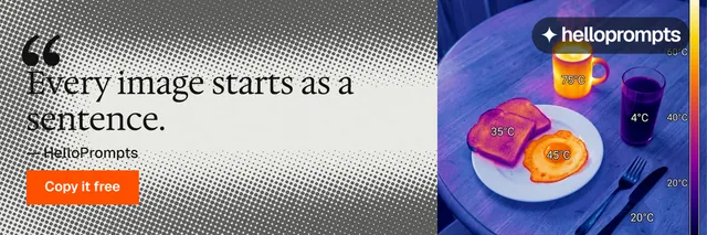 X header for HelloPrompts: "Taste, written down." Split block style, quote layout, light palette in blue, grey, white.
