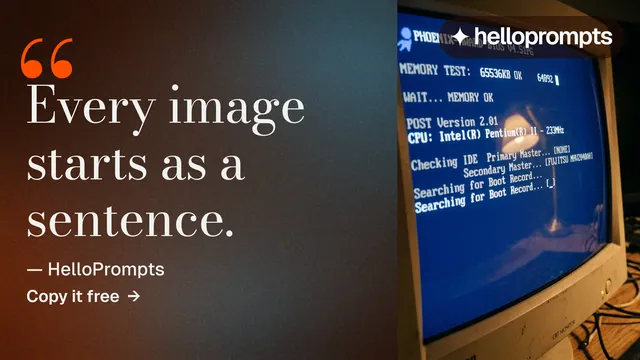 Landscape graphic for HelloPrompts: "The art of speaking to machines." Minimal luxury style, quote layout, dark palette in orange, grey, blue.
