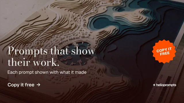 Landscape graphic for HelloPrompts: "Prompts that show their work." Minimal luxury style, sticker layout, dark palette in black, red, orange.