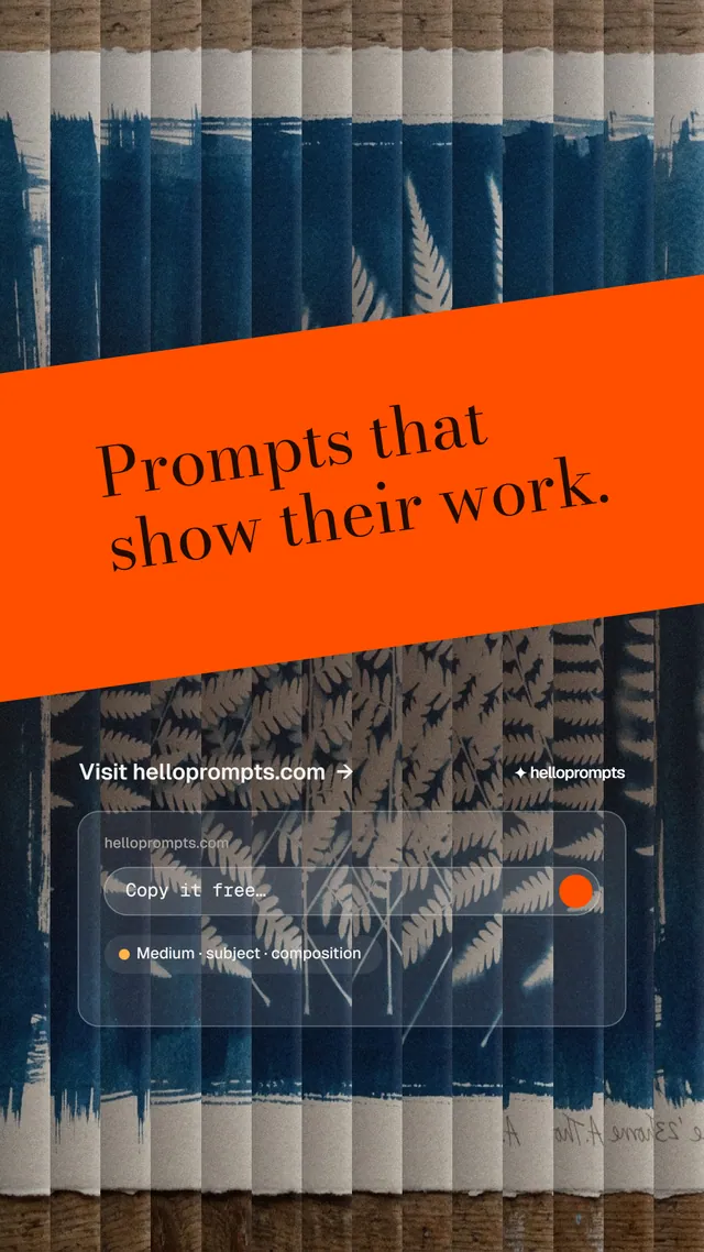 Instagram story for HelloPrompts: "Prompts that show their work." Minimal luxury style, diagonal layout, dark palette in blue, grey, orange.