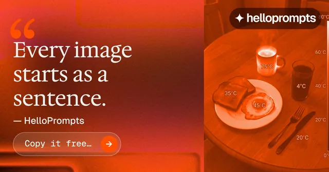Social ad for HelloPrompts: "Prompts that show their work." Agentic glass style, quote layout, dark palette in red, orange.