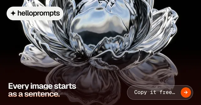 Social ad for HelloPrompts: "Every image starts as a sentence." Agentic glass style, image led layout, dark palette in black, red, grey.
