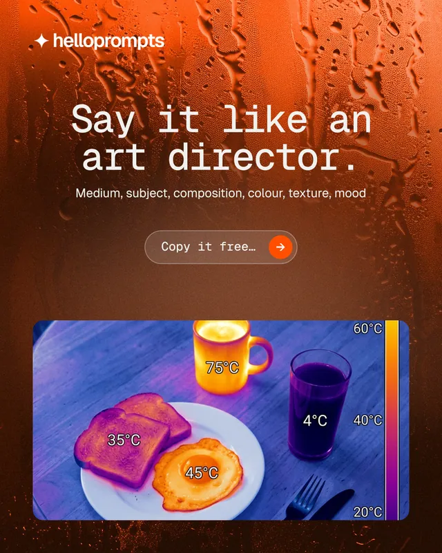 Instagram portrait post for HelloPrompts: "Say it like an art director." Agentic glass style, centred layout, dark palette in red, orange.
