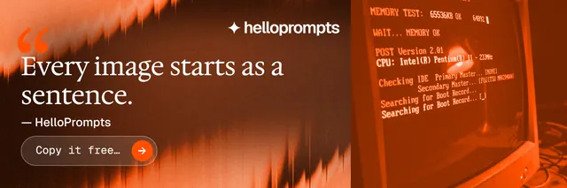 X header for HelloPrompts: "The sentence behind the image." Agentic glass style, quote layout, dark palette in orange.