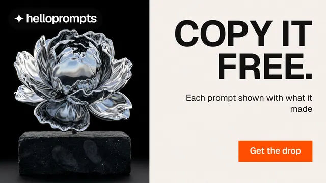 Landscape graphic for HelloPrompts: "Copy it free." Swiss style, right layout, light palette in white, black, grey.