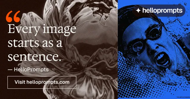 Social ad for HelloPrompts: "Every image starts as a sentence." Editorial style, quote layout, dark palette in red, blue, grey.