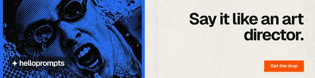 LinkedIn banner for HelloPrompts: "Say it like an art director." Swiss style, right layout, light palette in yellow, blue, black.