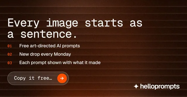 Social ad for HelloPrompts: "Every image starts as a sentence." Agentic glass style, numbered layout, dark palette in orange, black, grey.