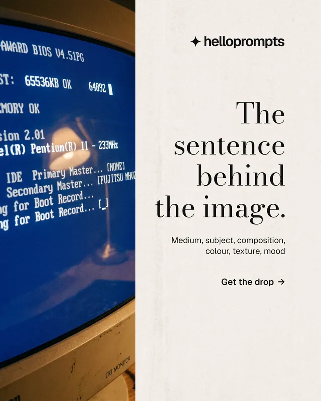 Instagram portrait post for HelloPrompts: "The sentence behind the image." Minimal luxury style, right layout, light palette in blue, white, grey.