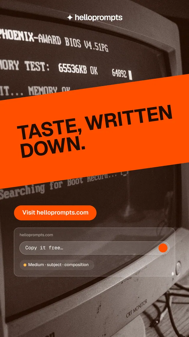 Instagram story for HelloPrompts: "Taste, written down." Photo poster style, diagonal layout, dark palette in orange, grey.