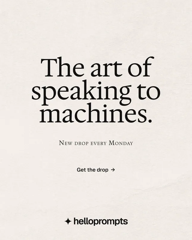 Instagram portrait post for HelloPrompts: "The art of speaking to machines." Swiss style, smallcaps layout, light palette in white, orange, grey.