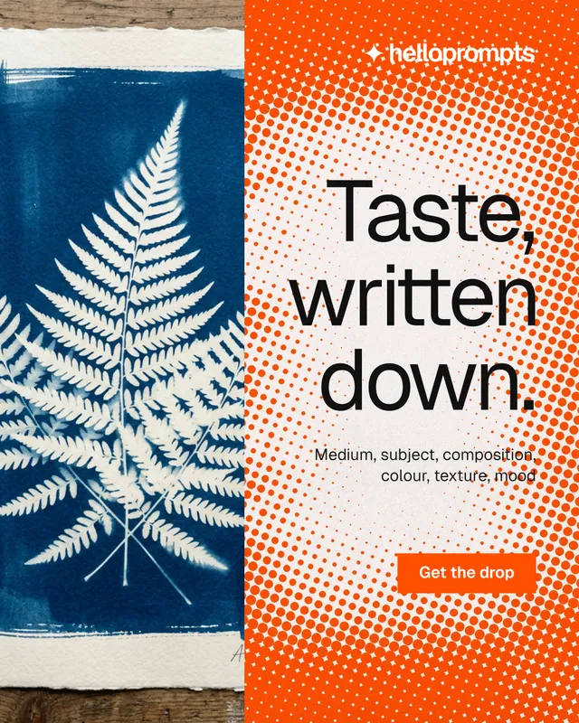 Instagram portrait post for HelloPrompts: "Taste, written down." Swiss style, right layout, light palette in orange, blue, white.