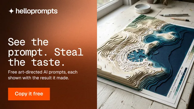 Landscape graphic for HelloPrompts: "See the prompt. Steal the taste." Swiss style, bottom layout, light palette in orange, grey, black.