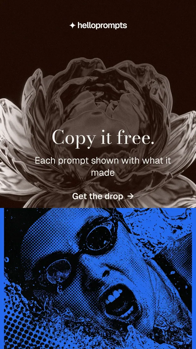 Instagram story for HelloPrompts: "Copy it free." Minimal luxury style, skeleton layout, dark palette in black, blue.