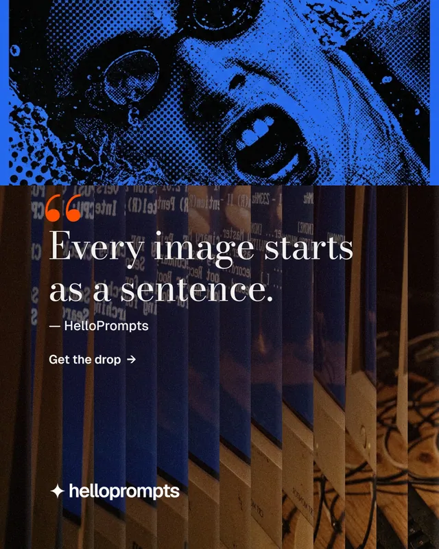 Instagram portrait post for HelloPrompts: "See the prompt. Steal the taste." Minimal luxury style, quote layout, dark palette in black, grey, blue.