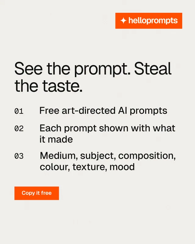 Instagram portrait post for HelloPrompts: "See the prompt. Steal the taste." Swiss style, numbered layout, light palette in white, orange.