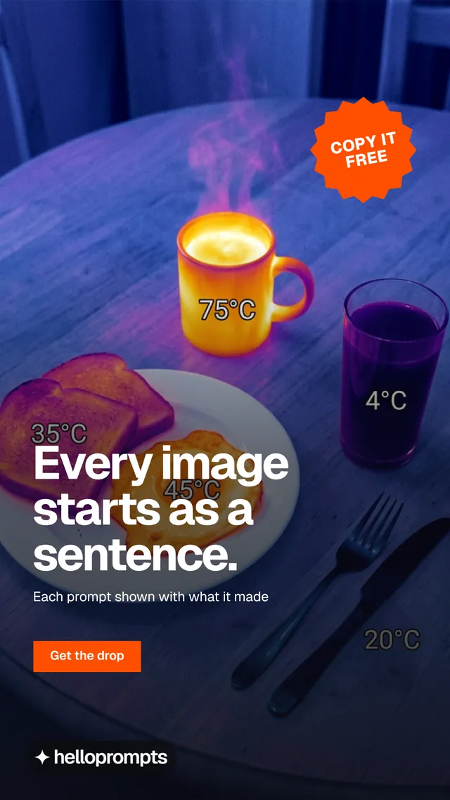 Instagram story for HelloPrompts: "Every image starts as a sentence." Swiss style, sticker layout, dark palette in blue, purple, orange.