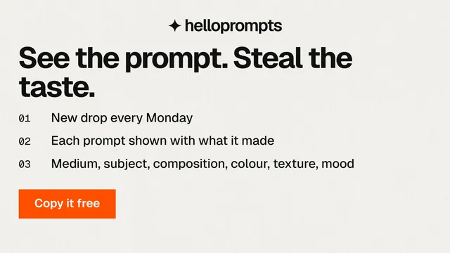 Landscape graphic for HelloPrompts: "See the prompt. Steal the taste." Swiss style, numbered layout, light palette in white, grey.