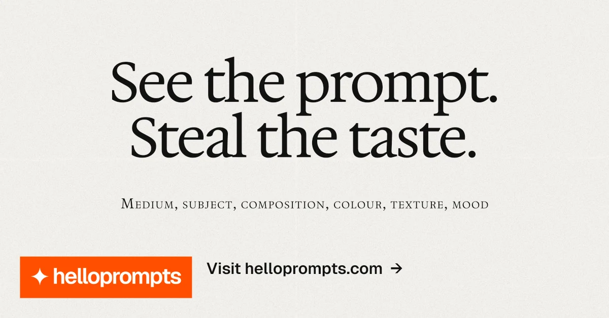 Social ad for HelloPrompts: "See the prompt. Steal the taste." Swiss style, smallcaps layout, light palette in white, orange.