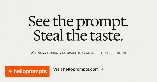 Social ad for HelloPrompts: "See the prompt. Steal the taste." Swiss style, smallcaps layout, light palette in white, orange.