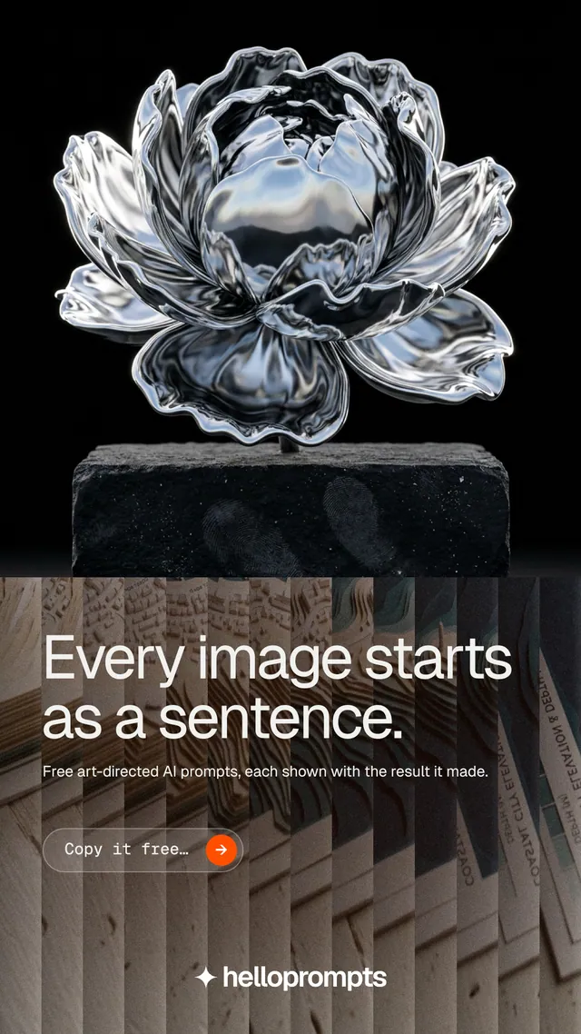 Instagram story for HelloPrompts: "Every image starts as a sentence." Agentic glass style, bottom layout, dark palette in black, grey.