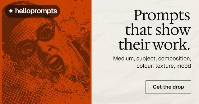Social ad for HelloPrompts: "Prompts that show their work." Editorial style, right layout, light palette in yellow, orange, white.
