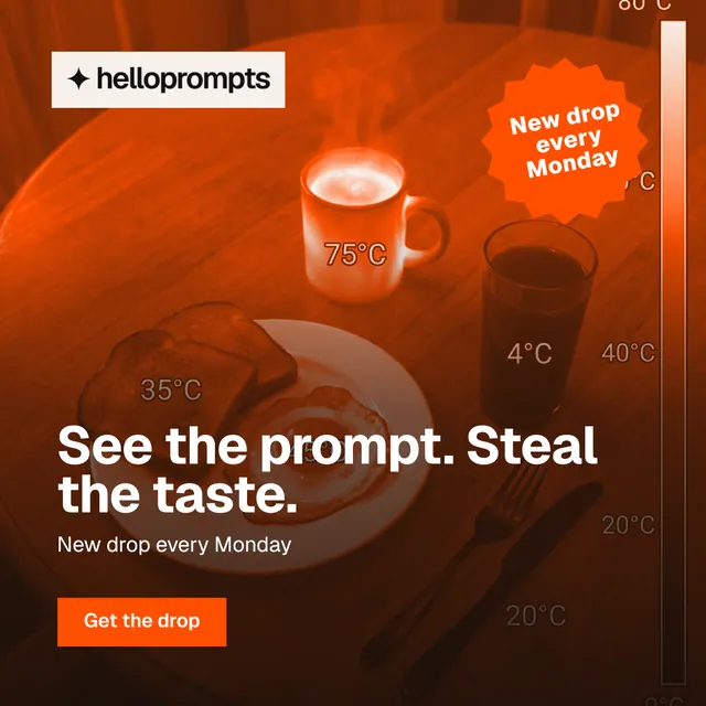 Instagram post for HelloPrompts: "See the prompt. Steal the taste." Retro print style, sticker layout, dark palette in black, orange.