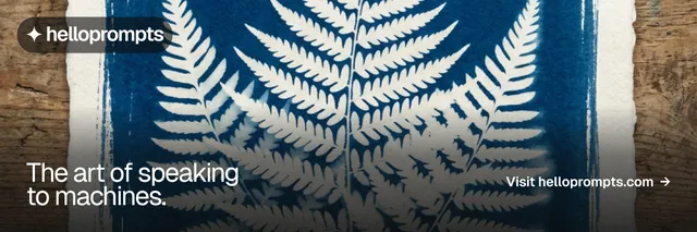 X header for HelloPrompts: "The art of speaking to machines." Brutalist style, image led layout, dark palette in grey, blue.
