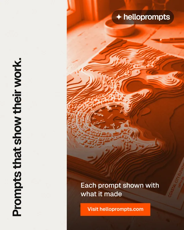 Instagram portrait post for HelloPrompts: "Prompts that show their work." Swiss style, vertical layout, light palette in orange, white.