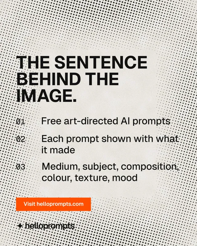 Instagram portrait post for HelloPrompts: "The sentence behind the image." Retro print style, numbered layout, light palette in grey, white.