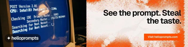 LinkedIn banner for HelloPrompts: "See the prompt. Steal the taste." Swiss style, right layout, light palette in white, blue, orange.