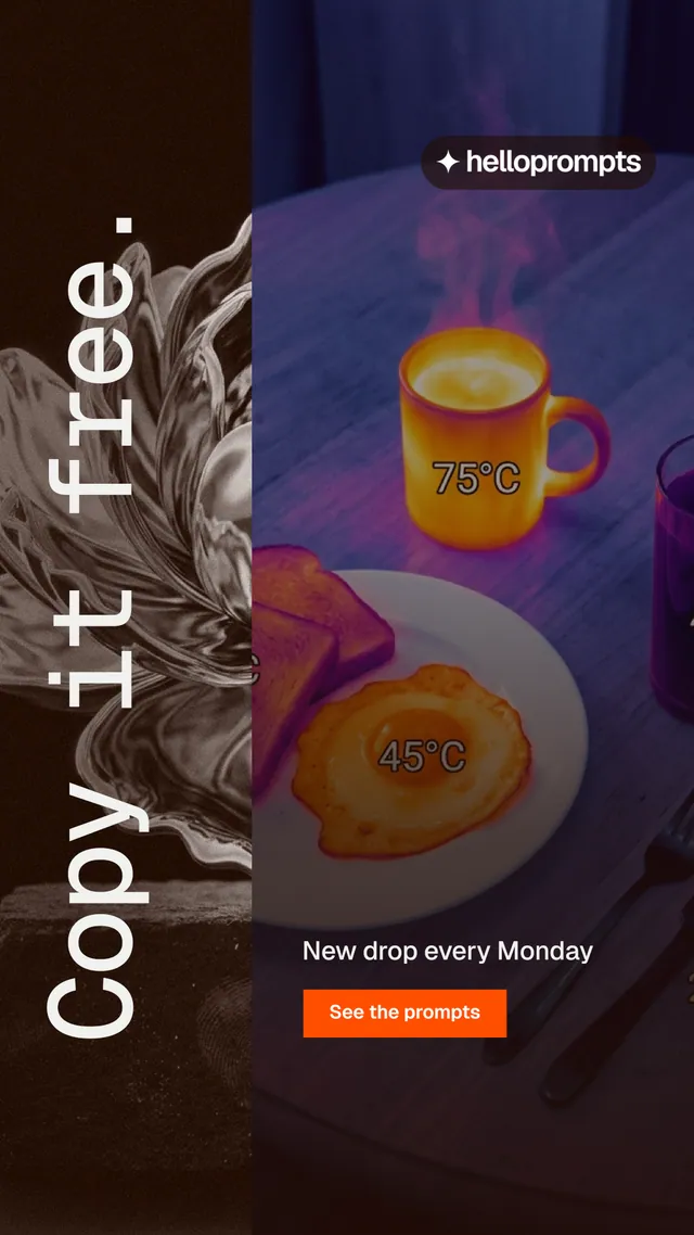 Instagram story for HelloPrompts: "Copy it free." Swiss style, vertical layout, dark palette in purple, black, orange.