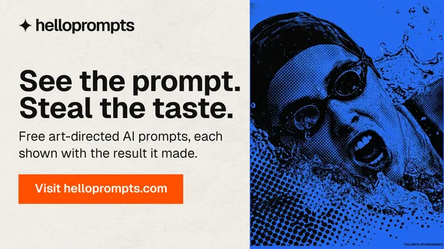 Landscape graphic for HelloPrompts: "See the prompt. Steal the taste." Swiss style, skeleton layout, light palette in blue, yellow, white.