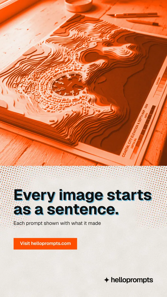 Instagram story for HelloPrompts: "Every image starts as a sentence." Retro print style, bottom layout, light palette in orange.