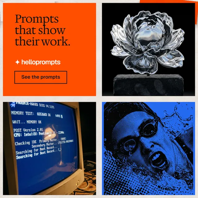 Instagram post for HelloPrompts: "Prompts that show their work." Editorial style, collage layout, dark palette in black, red, grey.
