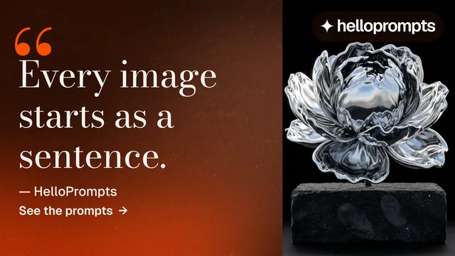 Landscape graphic for HelloPrompts: "Say it like an art director." Minimal luxury style, quote layout, dark palette in orange, black, grey.